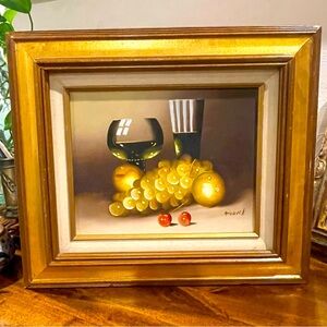 Beautiful Framed Oil Painting Wine & Fruit Still Life Signed Riddick 15x13